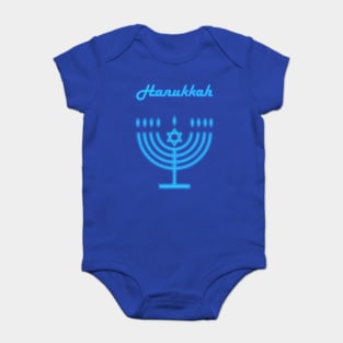 Neon Menorah Jewish Holiday Hanukkah Party Decoration with traditional Chanukah symbol hanukkiah menorah candlestick with candles, star of David Baby Bodysuit